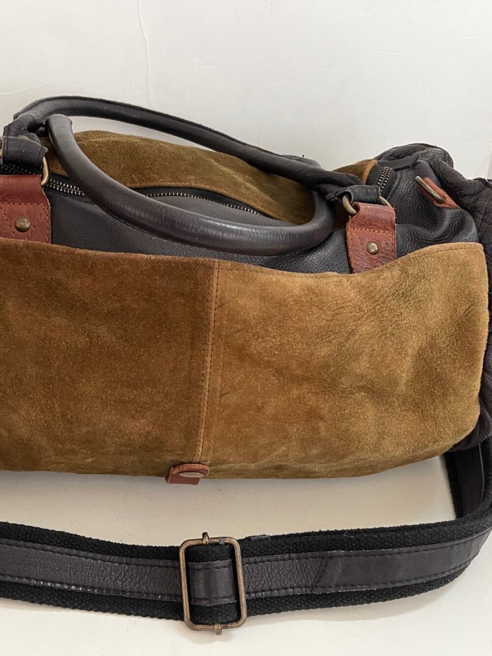 FREE PEOPLE Olive Green Suede with Brown & Black Leather Tote/Travel Bag - Picture 7 of 11